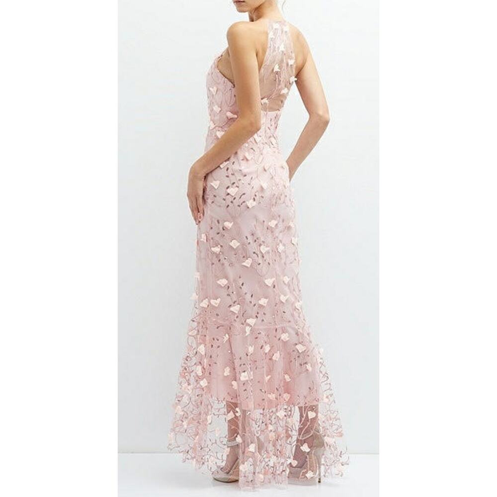 NWT Dessy SHEER HALTER NECK 3D FLORAL EMBROIDERED DRESS HIGH-LOW HEM Pink SZ 12 - Picture 2 of 12
